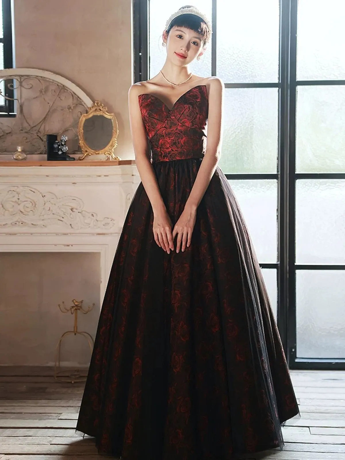 Floral A-line Satin Black and Red Party Dress, Strapless Long Prom Dress Evening Dress