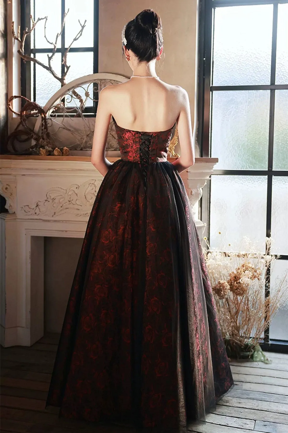 Floral A-line Satin Black and Red Party Dress, Strapless Long Prom Dress Evening Dress