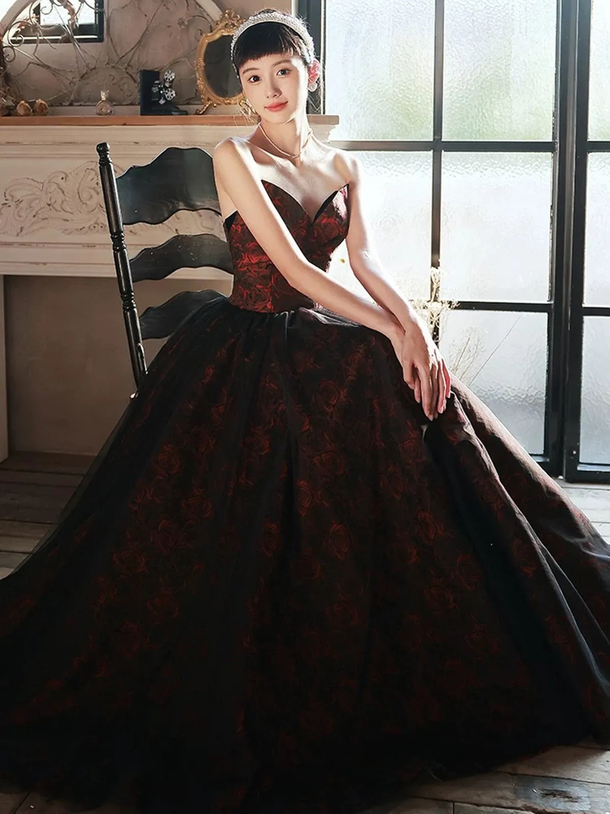 Floral A-line Satin Black and Red Party Dress, Strapless Long Prom Dress Evening Dress