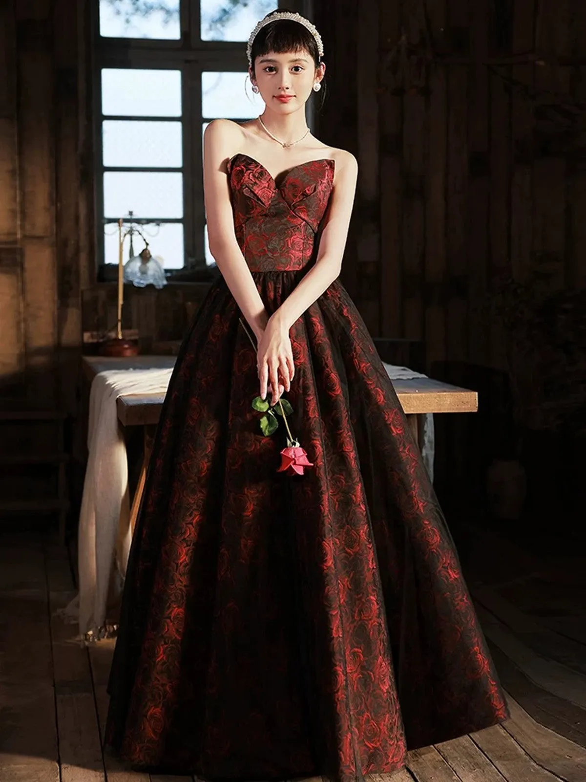 Floral A-line Satin Black and Red Party Dress, Strapless Long Prom Dress Evening Dress