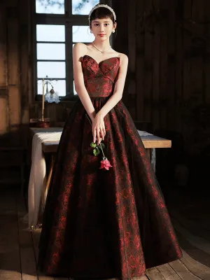 Floral A-line Satin Black and Red Party Dress, Strapless Long Prom Dress Evening Dress