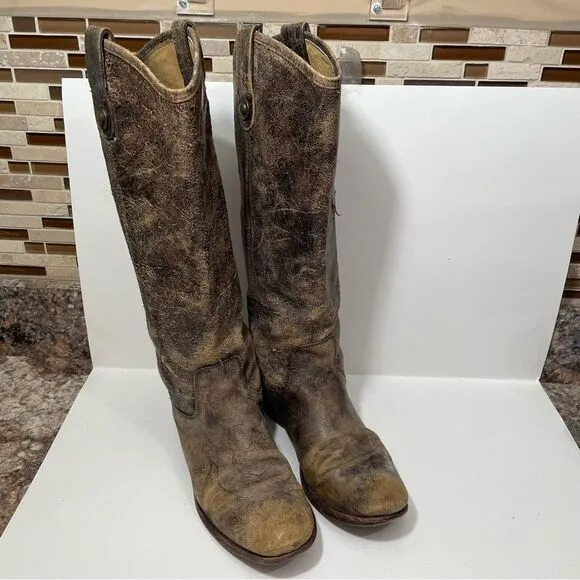 Frye Heavily Distressed Brown Knee High Boots
