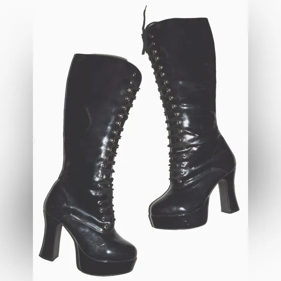 FUNTASMA PLEASER EXOTICA SZ 6 6.5 BLACK PATENT PLATFORM HEEL LACE UP BOOTS GOTH