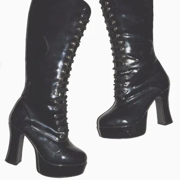 FUNTASMA PLEASER EXOTICA SZ 6 6.5 BLACK PATENT PLATFORM HEEL LACE UP BOOTS GOTH
