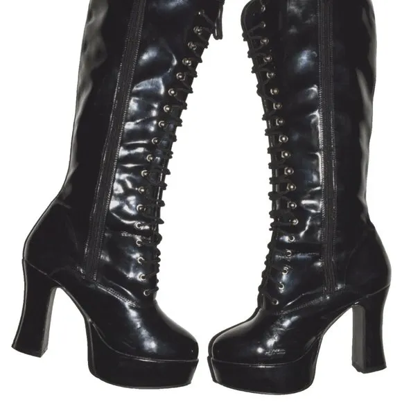 FUNTASMA PLEASER EXOTICA SZ 6 6.5 BLACK PATENT PLATFORM HEEL LACE UP BOOTS GOTH