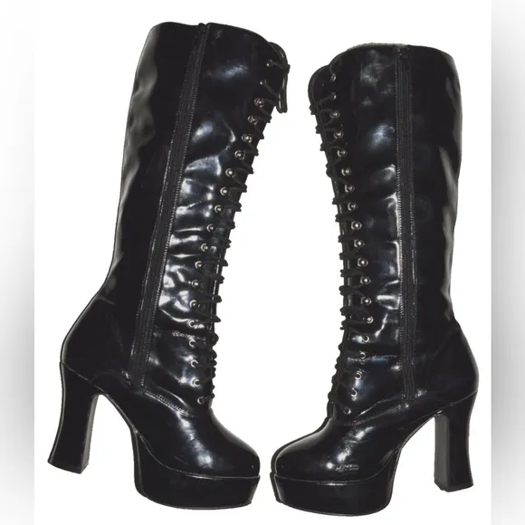 FUNTASMA PLEASER EXOTICA SZ 6 6.5 BLACK PATENT PLATFORM HEEL LACE UP BOOTS GOTH