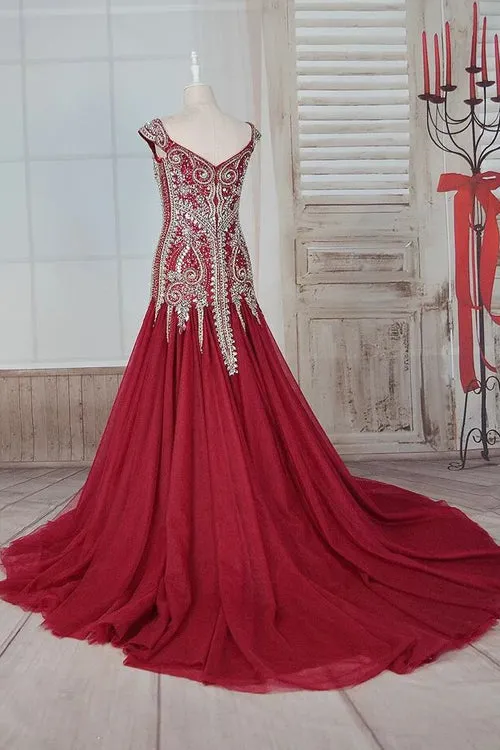 Gorgeous Red Beaded Off Shoulder Ball Gown Long Prom Dresses, Evening Dress, M303
