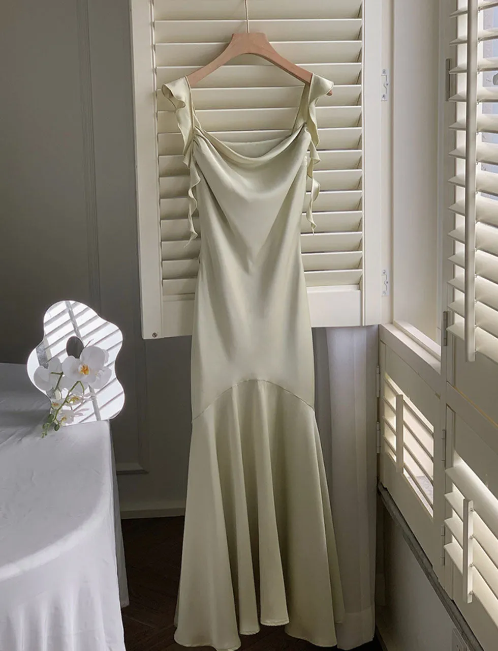 Green Spaghetti Strap Ruffles Bodycon Dress Sexy Gown Party Dress