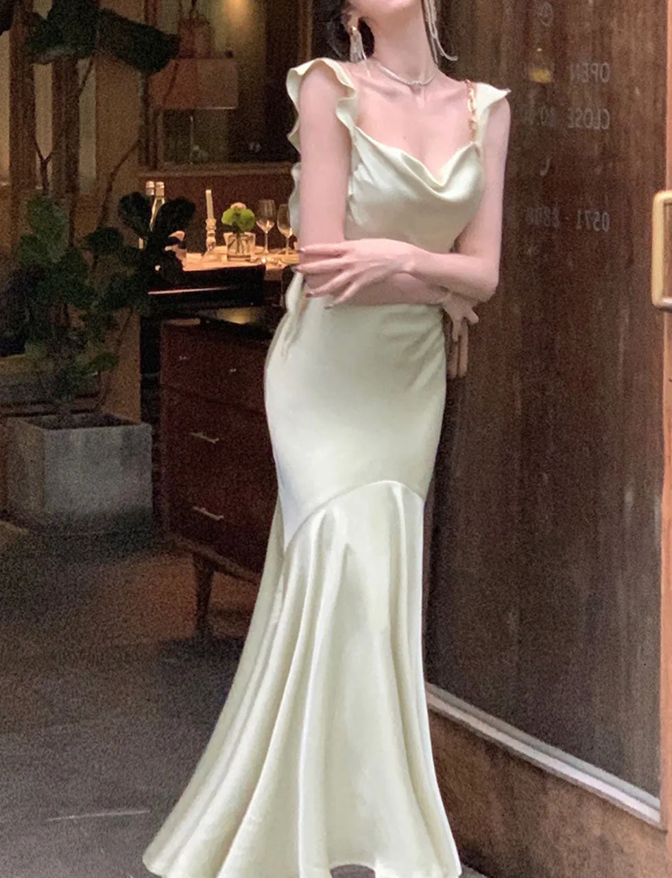 Green Spaghetti Strap Ruffles Bodycon Dress Sexy Gown Party Dress