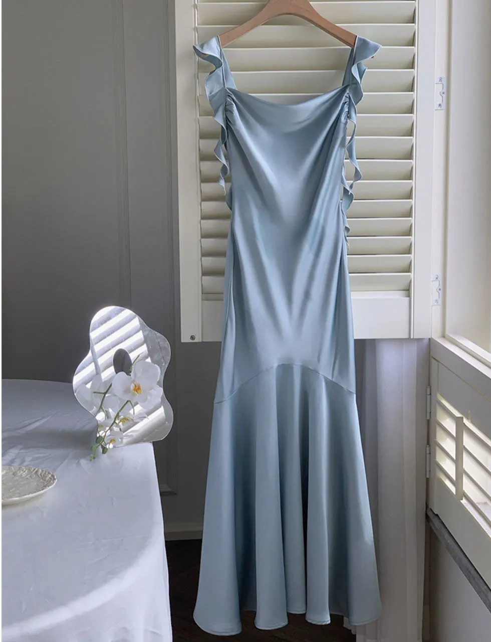 Green Spaghetti Strap Ruffles Bodycon Dress Sexy Gown Party Dress