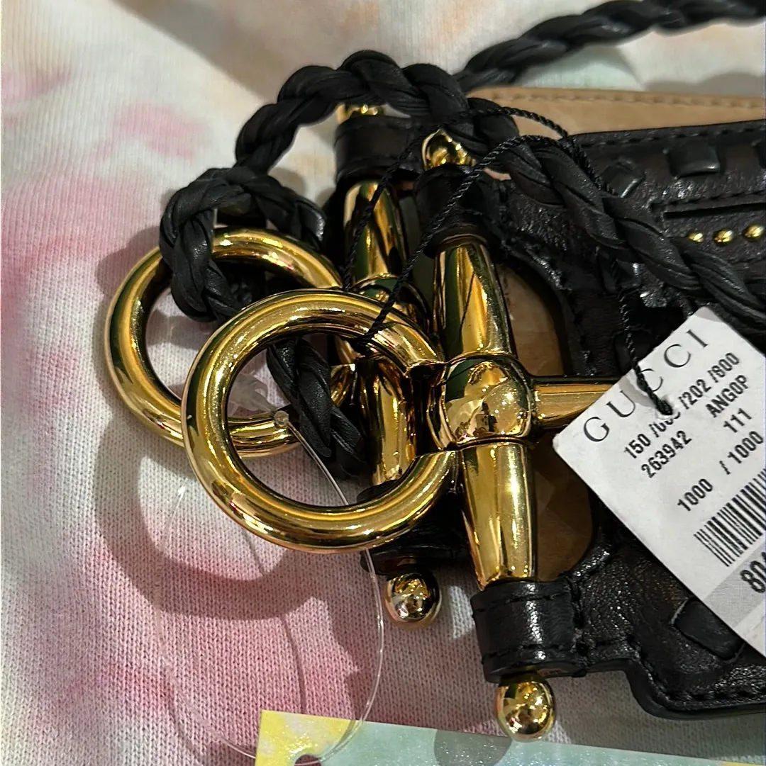 Gucci Black Leather and Gold Studded Belt with Large Leather Tassels