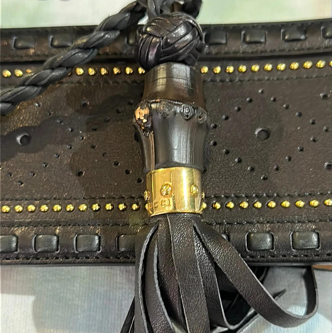 Gucci Black Leather and Gold Studded Belt with Large Leather Tassels