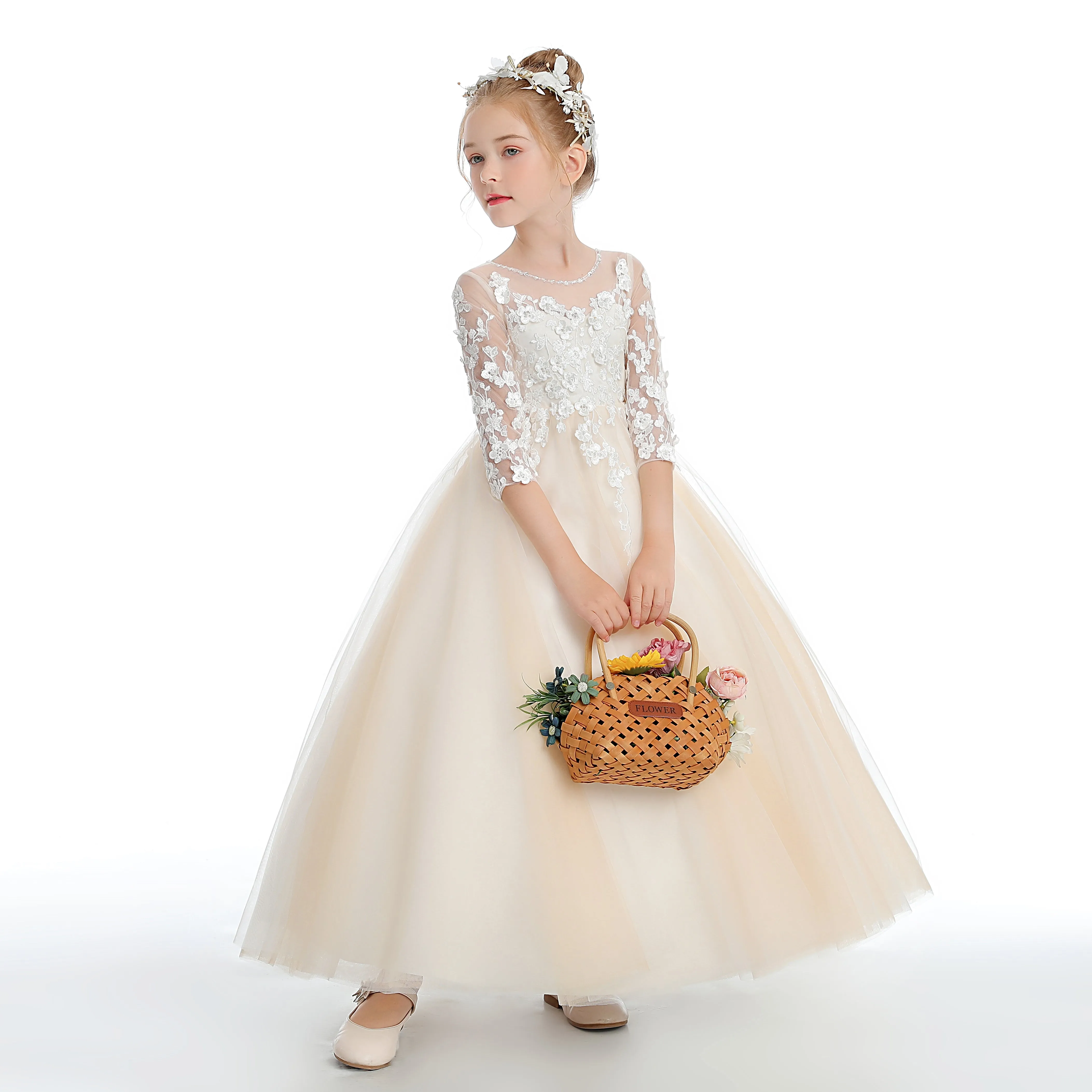 Half Sleeves Floor Length Champagne Tulle Flower Girl Dresses With Lace