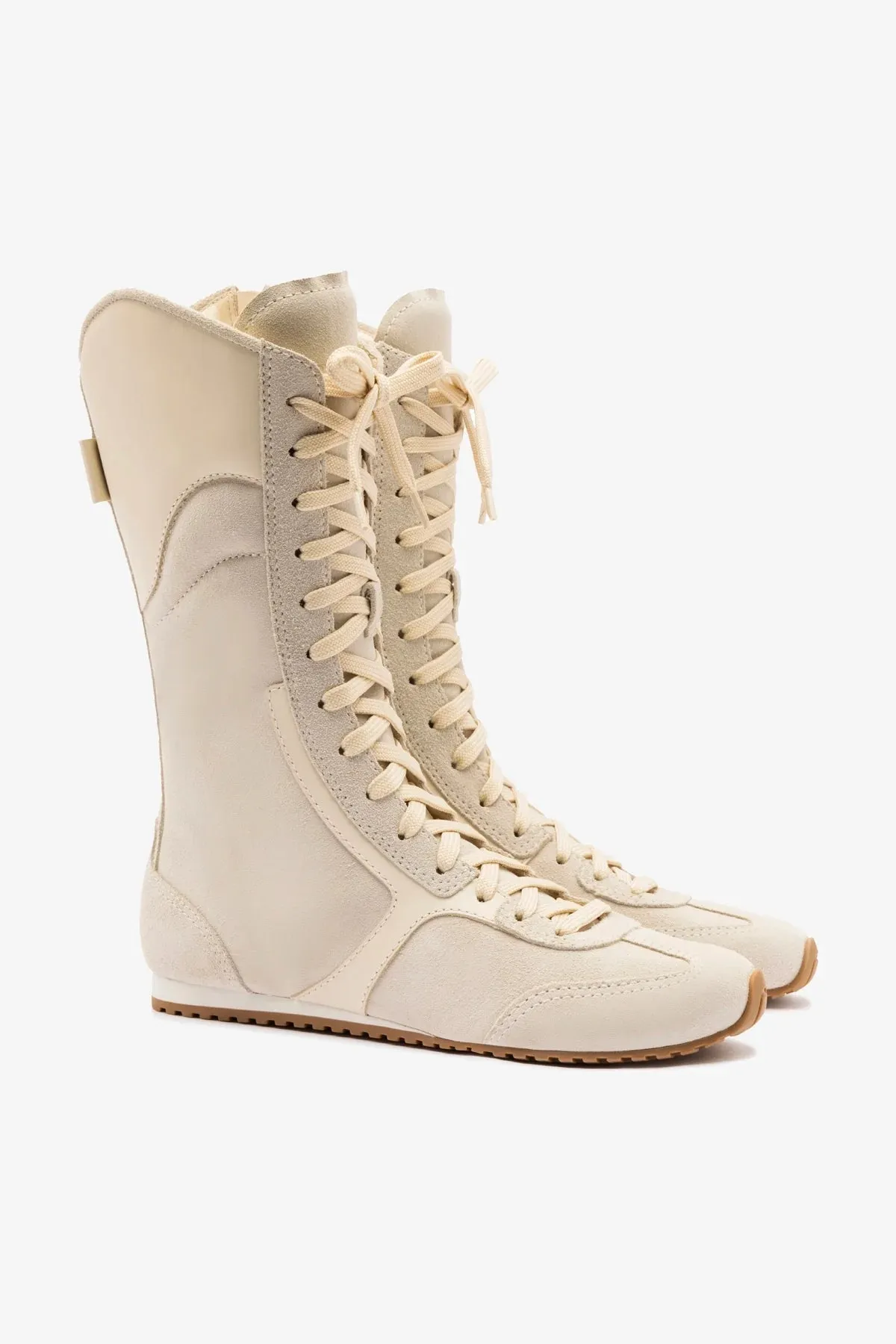 Larroudé x Jonathan Cohen Flat Lo Sneaker Boot In Mushroom Grey Suede and Ivory Leather