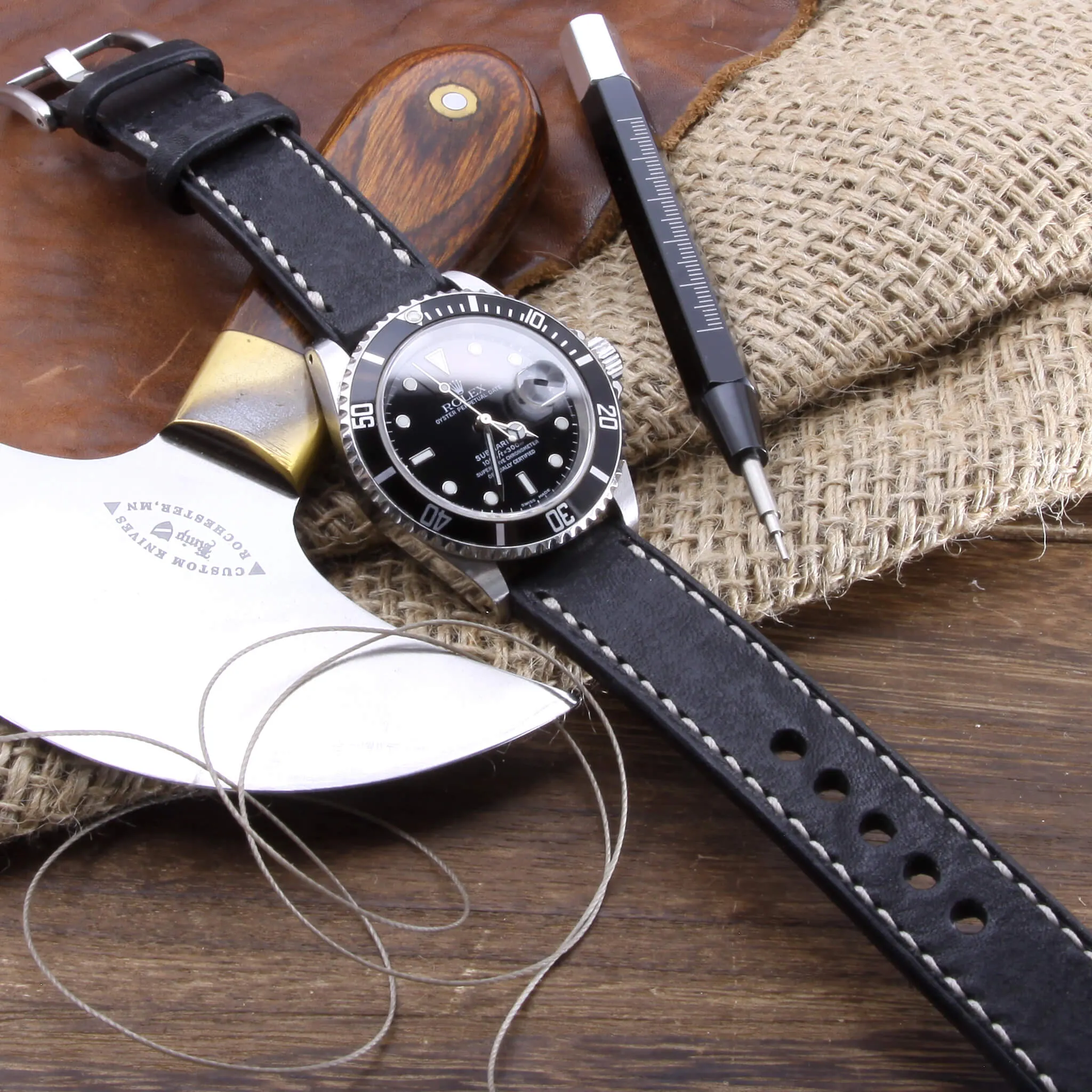 Leather Watch Strap, Vintage Nero (Black)  | Full Stitch