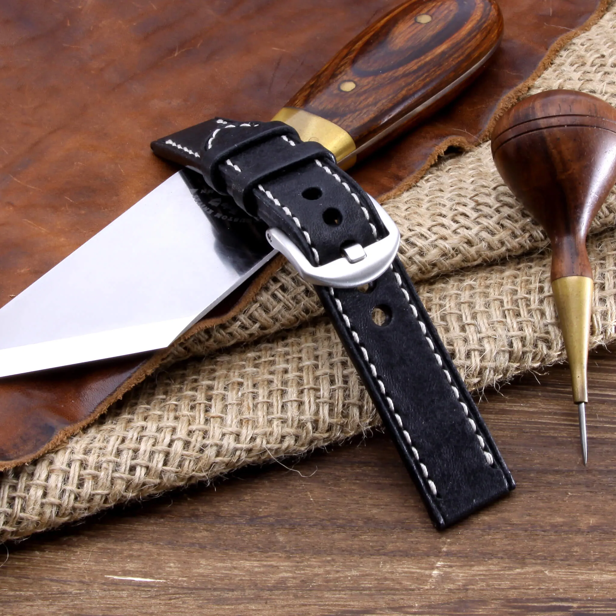 Leather Watch Strap, Vintage Nero (Black)  | Full Stitch