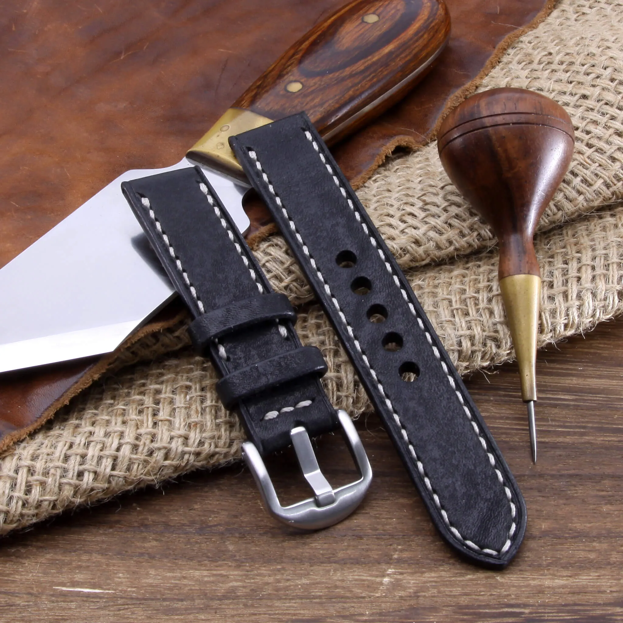 Leather Watch Strap, Vintage Nero (Black)  | Full Stitch