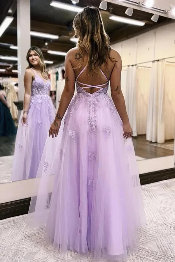 Lilac Tulle A-line V-neck Prom Dresses With Side Slit, Long Formal Dresses, MP794