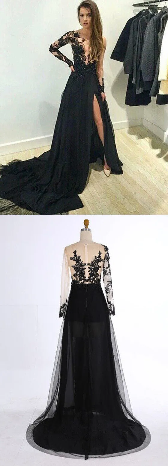 Long Side Split Sexy Long Sleeves Black Lace Prom Dresses, BG51133