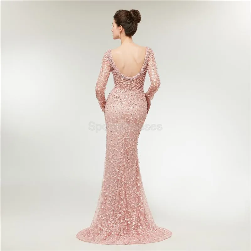 Long Sleeves Lace Mermaid Peach Evening Prom Dresses, Evening Party Prom Dresses, 12020