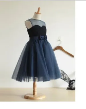 Long Tulle Jewel Sleeveless Flower Girl Dresses Ball Gown With Bowknot