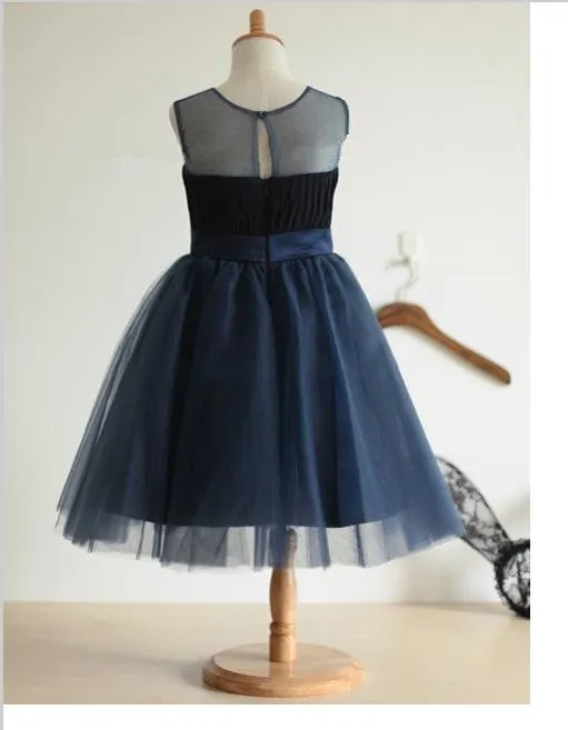 Long Tulle Jewel Sleeveless Flower Girl Dresses Ball Gown With Bowknot