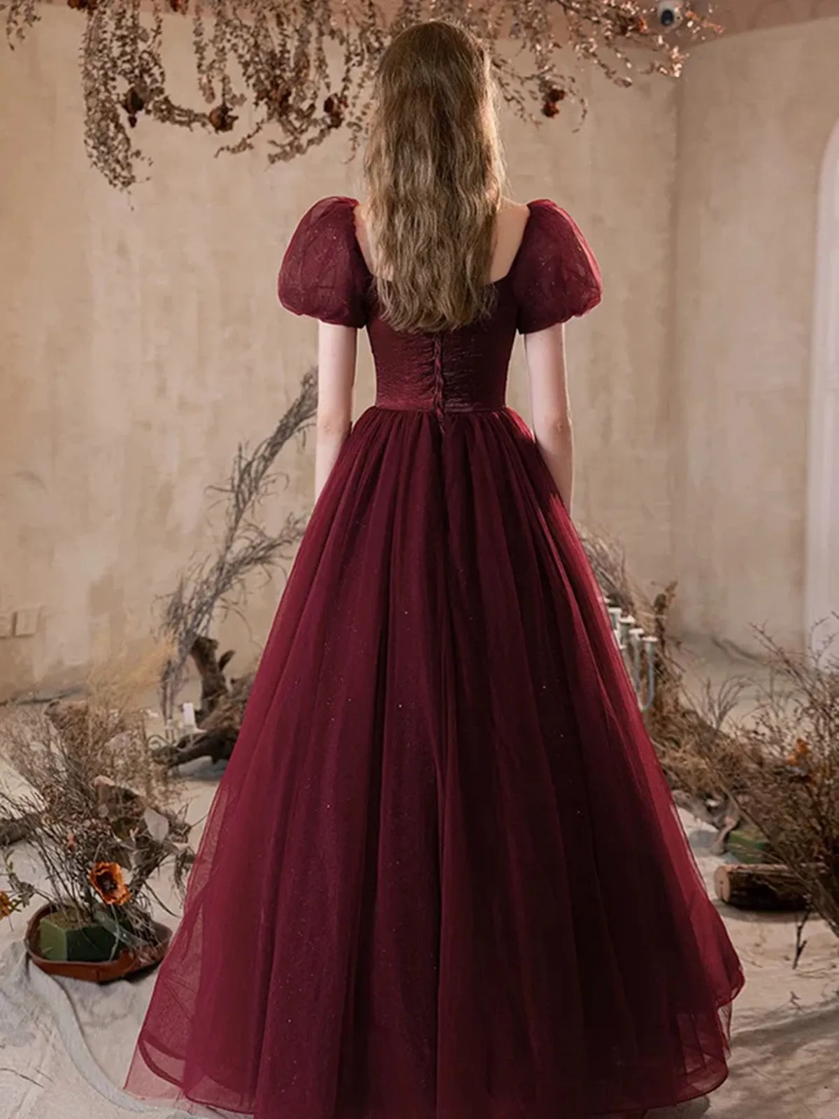Lovely Wine Red Puffy Short Sleeves Tulle Prom Dress, Wine Red Tulle Party Dress
