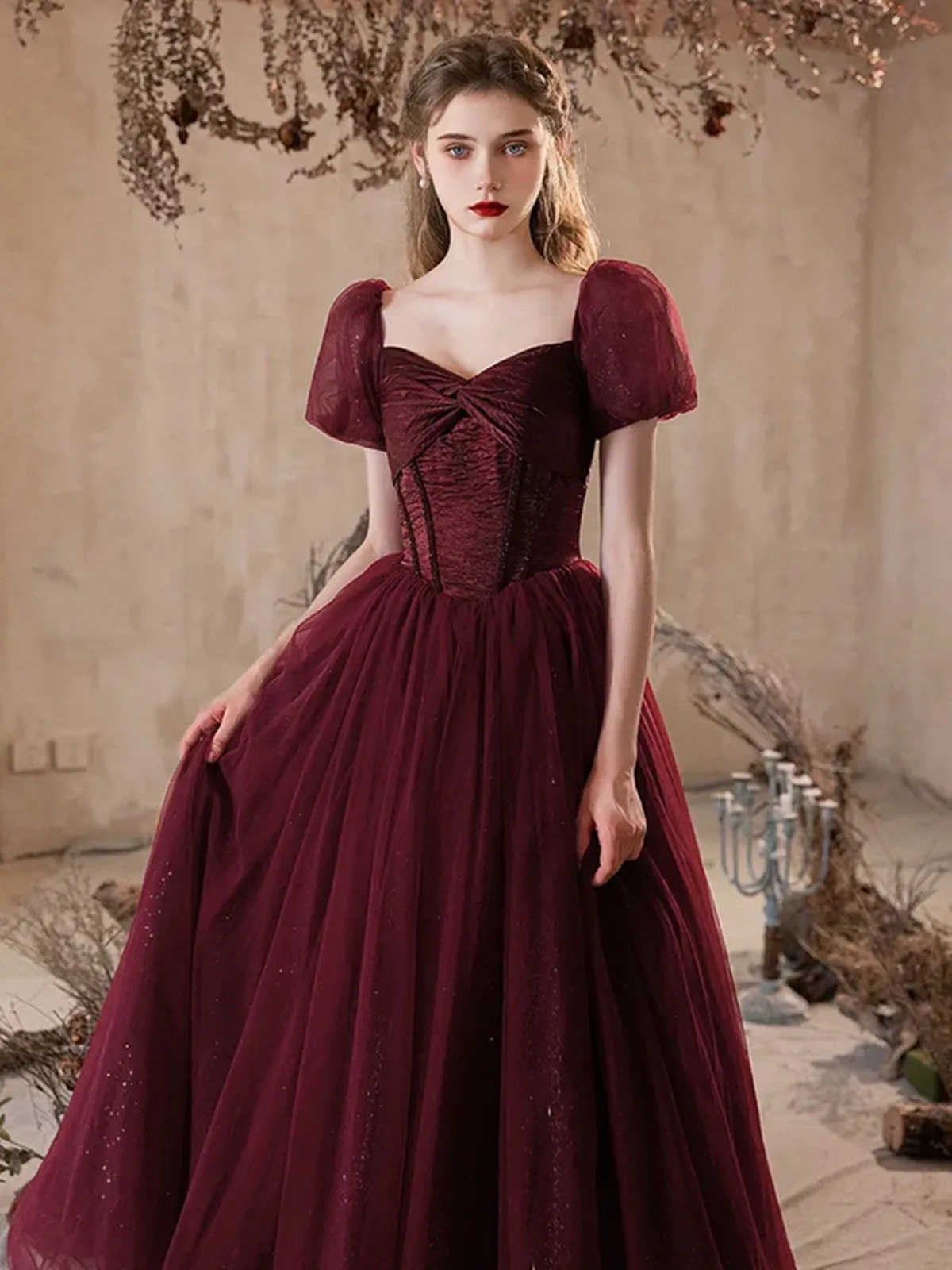 Lovely Wine Red Puffy Short Sleeves Tulle Prom Dress, Wine Red Tulle Party Dress