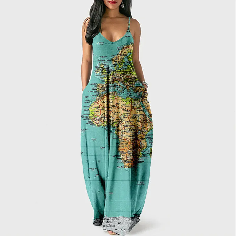 Map Print Sleeveless Loose Maxi Dress