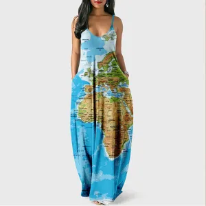 Map Print Sleeveless Loose Maxi Dress