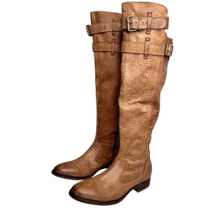 Matisse x Free People Distressed Knee High Boots Tan SZ 39 Buckle Straps US 9