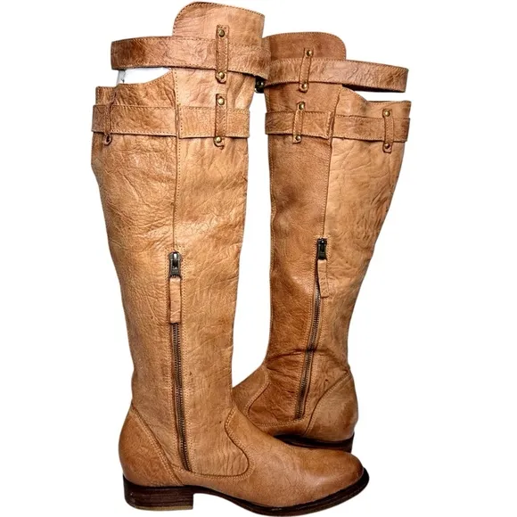 Matisse x Free People Distressed Knee High Boots Tan SZ 39 Buckle Straps US 9