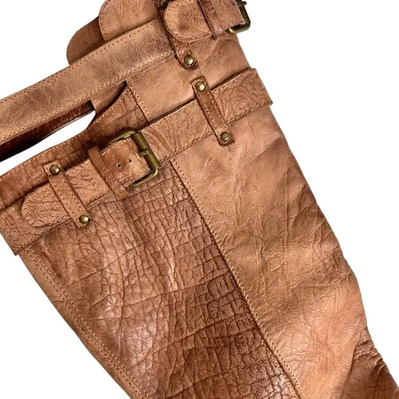 Matisse x Free People Distressed Knee High Boots Tan SZ 39 Buckle Straps US 9