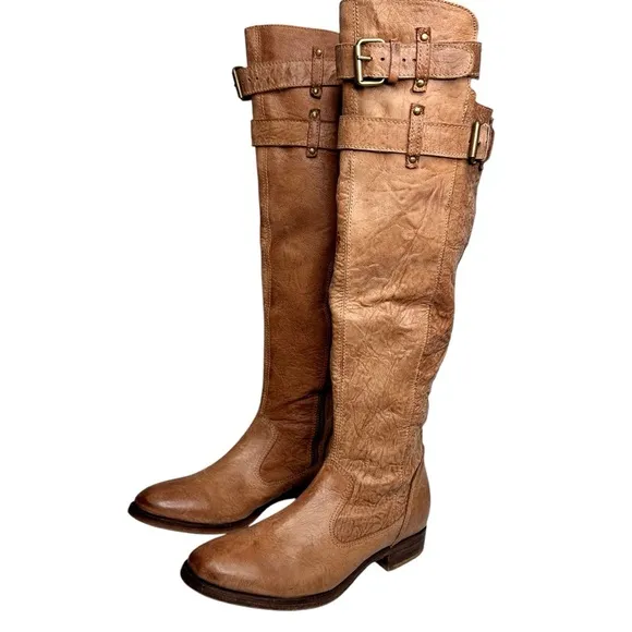 Matisse x Free People Distressed Knee High Boots Tan SZ 39 Buckle Straps US 9