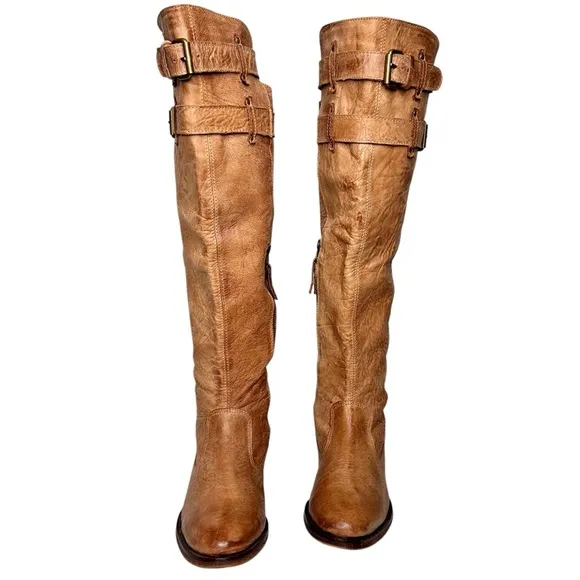 Matisse x Free People Distressed Knee High Boots Tan SZ 39 Buckle Straps US 9