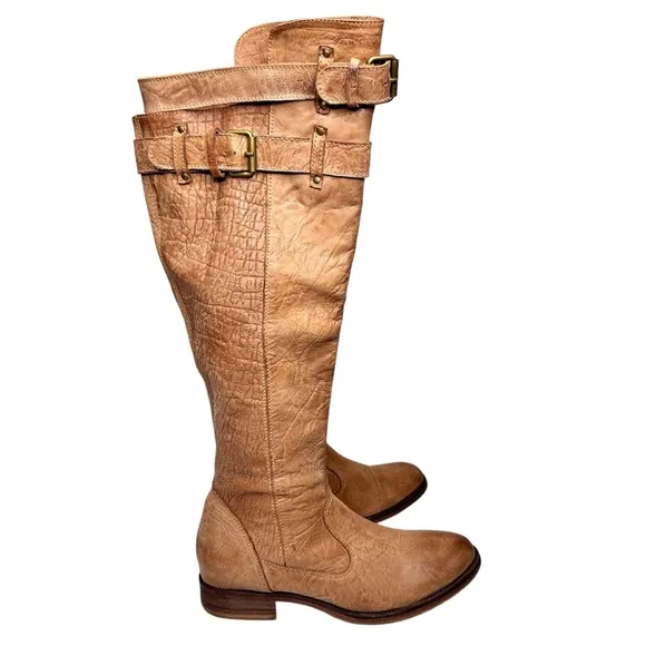 Matisse x Free People Distressed Knee High Boots Tan SZ 39 Buckle Straps US 9