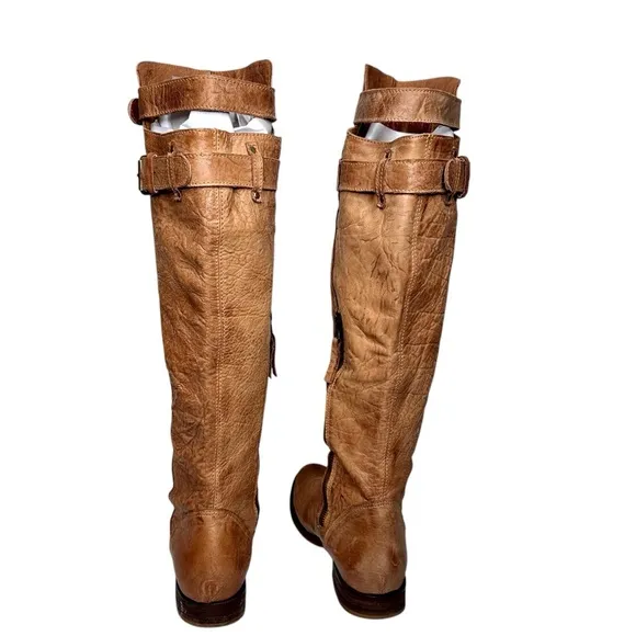 Matisse x Free People Distressed Knee High Boots Tan SZ 39 Buckle Straps US 9