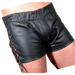 Men Side Lace Up Sexy Real Sheepskin Black Leather Shorts