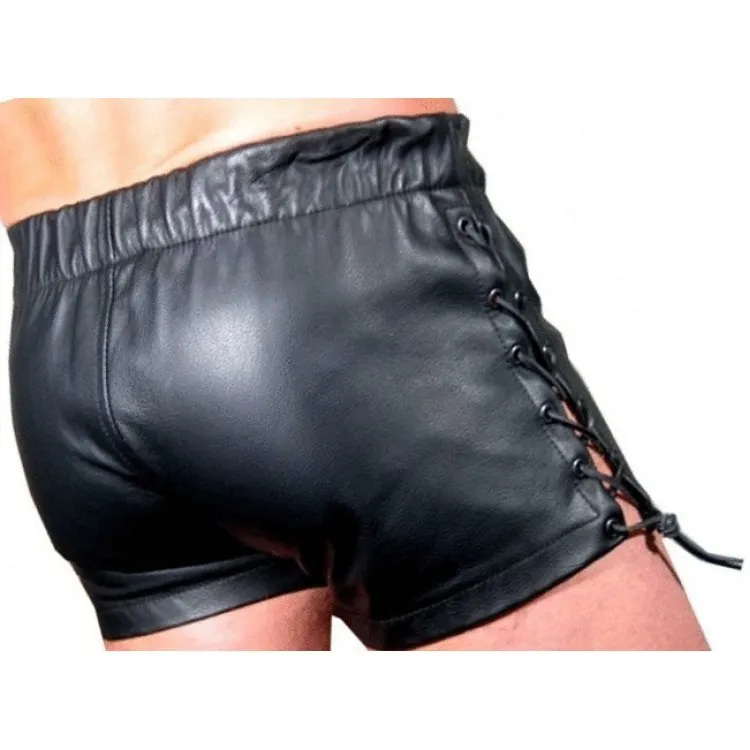 Men Side Lace Up Sexy Real Sheepskin Black Leather Shorts