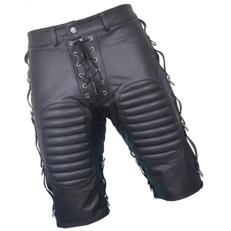 Mens Front Lace Up Quilted Real Sheepskin Black Leather Shorts