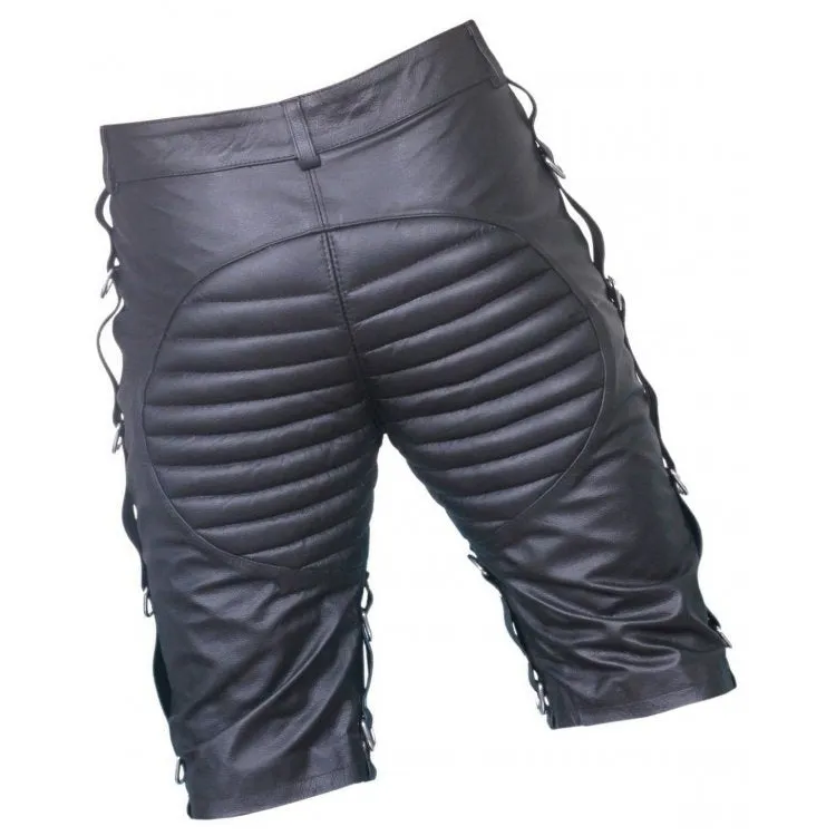 Mens Front Lace Up Quilted Real Sheepskin Black Leather Shorts