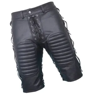 Mens Front Lace Up Quilted Real Sheepskin Black Leather Shorts
