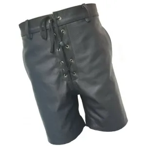 Mens Front Lace Up Real Sheepskin Black Leather Shorts