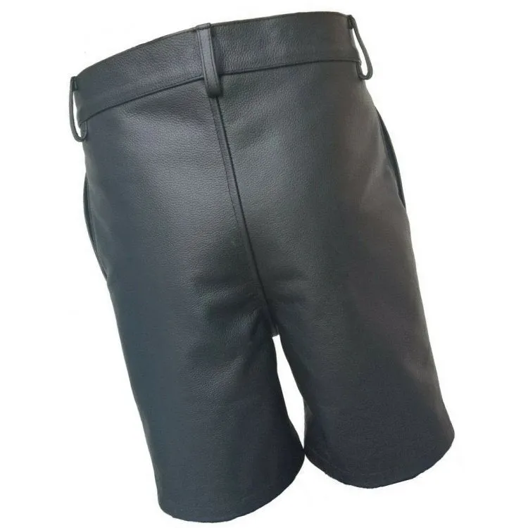 Mens Front Lace Up Real Sheepskin Black Leather Shorts