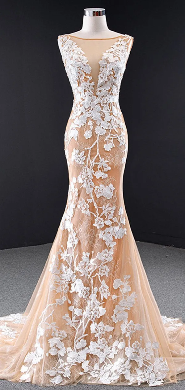 Mermaid Lace Applique Sleeveless Long Prom Dresses, Sweet 16 Prom Dresses, 12496