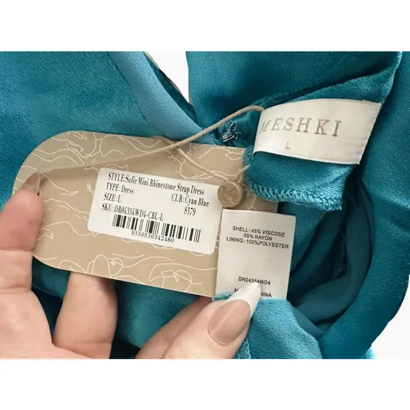 Meshki Dress Satin Cyan Blue “Sofie” Mini Rhinestone Strap Size Large NWT