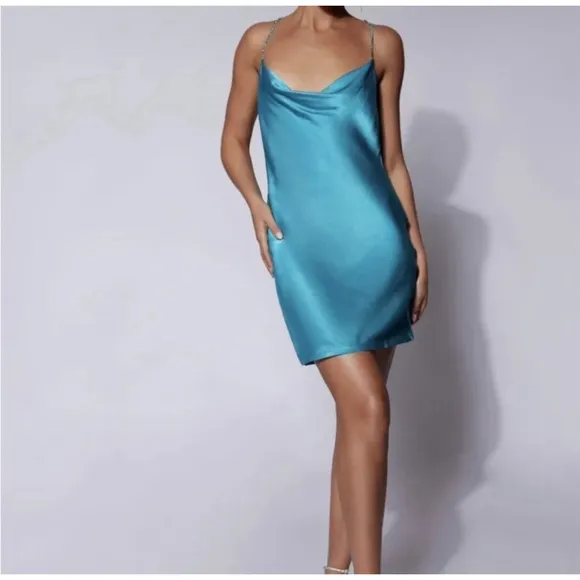 Meshki Dress Satin Cyan Blue “Sofie” Mini Rhinestone Strap Size Large NWT