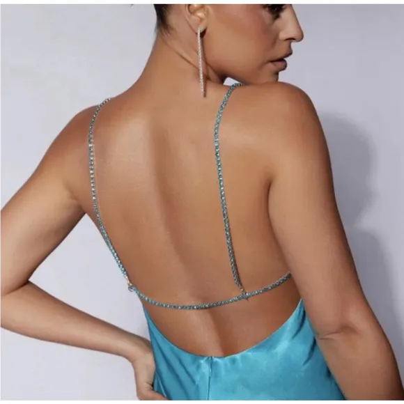 Meshki Dress Satin Cyan Blue “Sofie” Mini Rhinestone Strap Size Large NWT