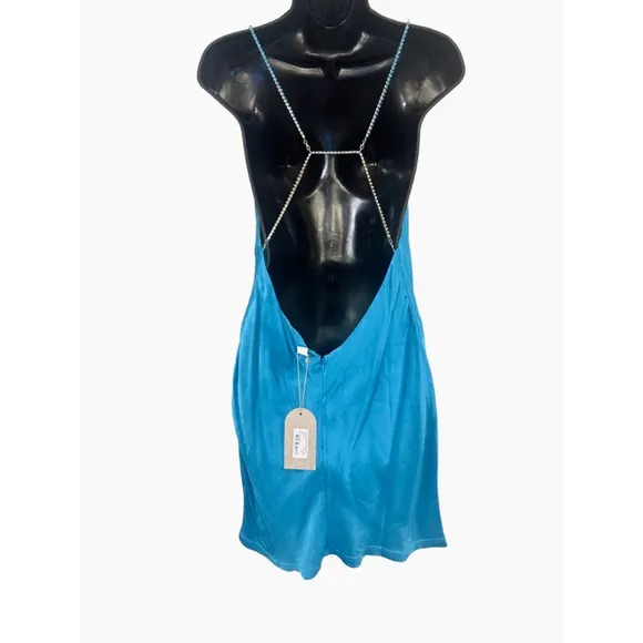 Meshki Dress Satin Cyan Blue “Sofie” Mini Rhinestone Strap Size Large NWT