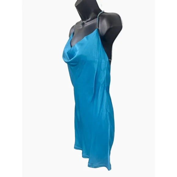 Meshki Dress Satin Cyan Blue “Sofie” Mini Rhinestone Strap Size Large NWT
